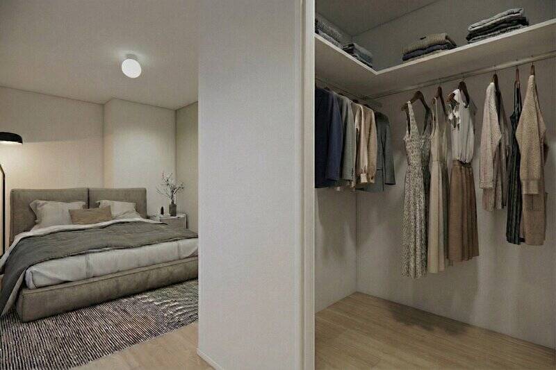 収納として、枕棚とハンガーパイプがL字型に備わったウォークインクローゼット（WIC）を設けます。