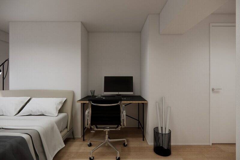 ダブルベッドのほかにもデスクなども置ける広さ。CGイメージのように、壁の凹みにあわせて家具を配置するのがおすすめです。