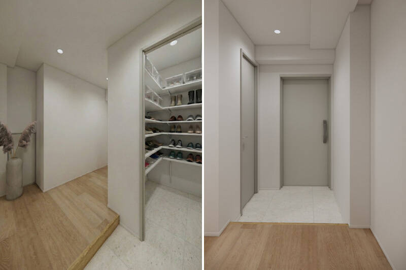 まずは玄関まわりから。玄関扉を開けた右手には、可動棚付きのシューズインクローゼット（SIC）を設けます。
