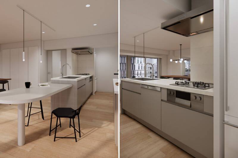 キッチンは3口コンロタイプで食洗機付き。横に張り出すように、半円型の造作カウンターを設けます。