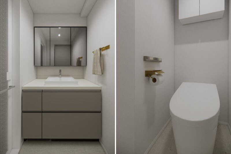 <b>左・</b>落ち着いたカラーリングの洗面台。／<b>右・</b>トイレには廊下からアクセスする間取りです。お手入れの面倒が少ないタンクレスタイプで、正面に独立した手洗いカウンターを設けます。