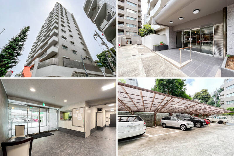 1970年に竣工した総戸数67戸のマンションで、エントランスや共用ロビーはきれいに改修済み。メインエントランスは側道に面していますが、大通りから階段でアクセスすることも可能です。