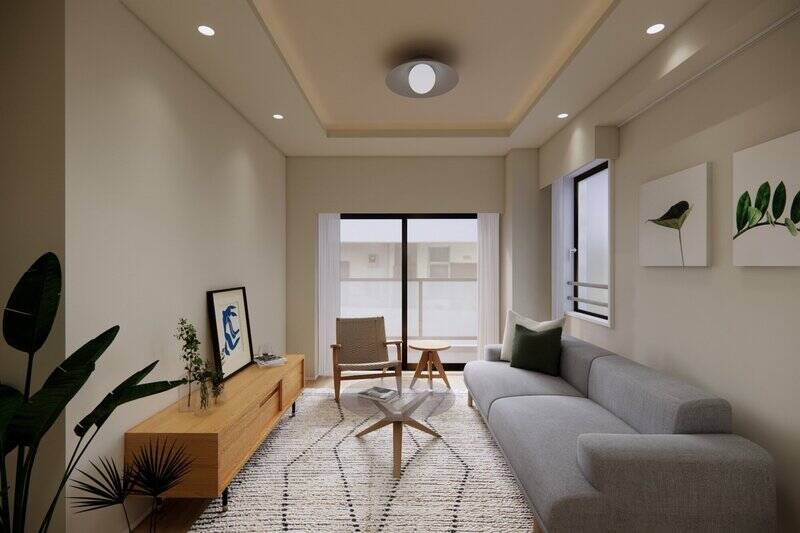 LDKの広さは約14.9帖。南東向きのバルコニーと南西向きの窓に面した、二面採光の空間です。