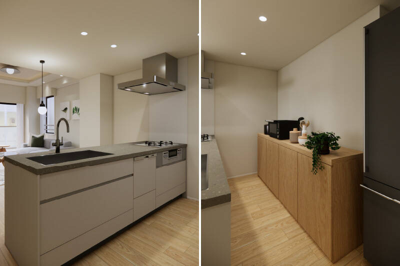 キッチンは3口コンロタイプで食洗機付き。天板は調理や配膳のしやすさに配慮したフラットタイプを採用します。