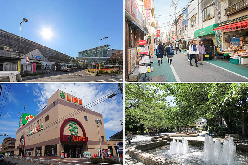 <b>左上・</b>今回ご紹介するマンションは、最寄りの「経堂」駅から徒歩7分。／<b>右上・</b>駅前には「経堂本町通り商店街」があり、お買い物や外食の選択肢が豊富な環境です。／<b>左下・</b>マンションから徒歩4分の場所にはスーパー「ライフ経堂店」が深夜24時まで営業しており、心強い存在です。／<b>右下・</b>「世田谷区立石仏公園」はお子さんの遊び場におすすめ。4月頃からはじゃぶじゃぶ池と噴水が始まり、子どもたちの楽しそうな笑い声が聞こえてきます。（徒歩4分）