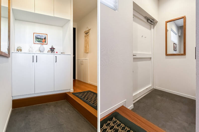 まずは玄関まわりから。玄関扉を開けて正面には、上下に分かれた収納が設けられています。玄関扉の内側は白く塗装済みで、共用廊下に面する窓から光が届くこともあって、とても明るい印象です。