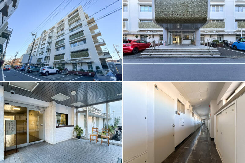 <b>左上・</b>1969年に竣工した、総戸数56戸のマンション。／<b>右上・</b>エントランスやバルコニーの外壁には深緑のモザイクタイルがあしらわれており、重厚感ある印象です。／<b>左下・</b>エントランスホールには管理人室の窓口が。管理人さんは週5日の勤務体制です。／<b>右下・</b>ご紹介する住戸の玄関扉の正面には、住戸専用のトランクルームがあります。