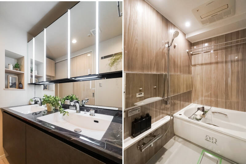 <b>左・</b>ダークカラーのスタイリッシュな洗面化粧台。ファミリーにうれしい2ボウルタイプです。／<b>右・</b>バスルームはゆとりある大きさの1418サイズ。抜かりなく浴室乾燥機を完備しています。