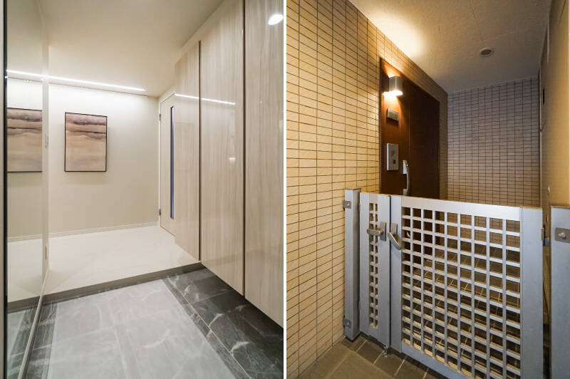 <b>左・</b>玄関には大きなミラーがあしらわれており、入った瞬間に開放感を感じるよう工夫されています。靴収納もたっぷり備わっていますよ。／<b>右・</b>住戸の玄関前にはゲートで区切られた専用ポーチが。ペットバギーなどの置き場所として便利に使えそうですね。