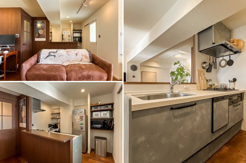 <b>左・</b>キッチンは対面式ですが、コンロ前には壁があることと、カウンター部分が高くなっているため、リビングから手元が見えづらいのがうれしいポイント。背面には、可動式の収納棚などが備わっており、キッチン家電やゴミ箱などがスッキリと収まります。／<b>右・</b>キッチン本体は、3口コンロと食洗機付き。