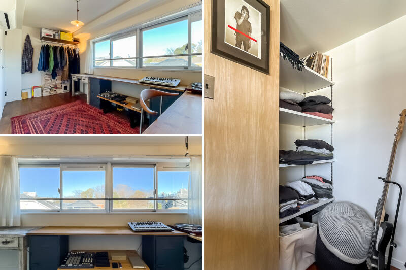 <p><b>左上・</b>反対側にはオープンクローゼットが。可動式なので、ハンガーパイプを2つにしたり、棚板を増やすなど用途に合わせてカスタマイズもできます。／<b>左下・</b>窓は北東向きで、低層の住宅の先に広がる、「綱島公園」のグリーンを望めます◎ ／右・柱の奥には、可動式の収納棚が備わっています。</p>