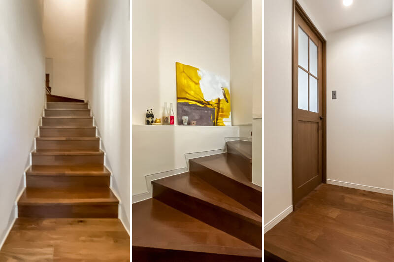 玄関を開けた瞬間、目の前に現れる階段！  途中にはニッチスペースがあり、売主さまはお気に入りのインテリアをディスプレイされています。