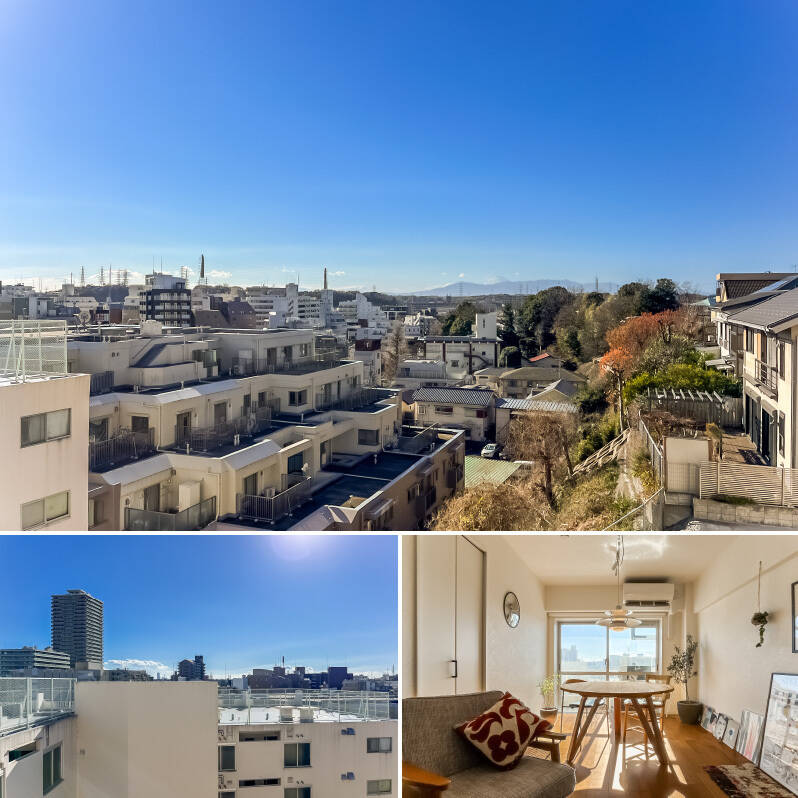 <b>上・</b>バルコニーに出て西の方角を見ると「富士山」が！！ これはご利益がありそうな眺望です。／<b>左下・</b>正面の眺望はこちら。マンションがコの字型のため、やや視界に被りますが、視線が気になることはなさそうです。／<b>右下</b>・リビングの日当たりをもう一度！ ここでコーヒーをゆっくり飲みたい♡