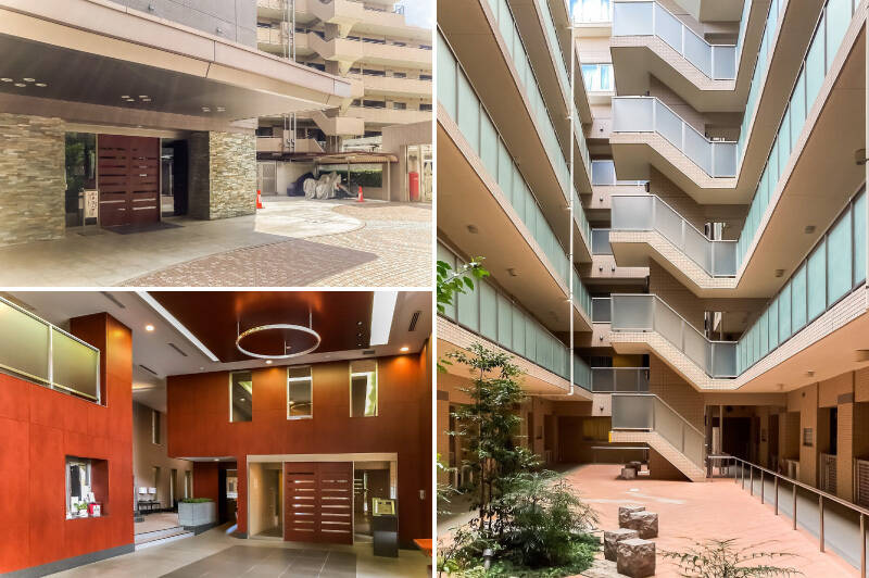 坂道に建つマンションなのでメインエントランスは3階に。ほか、1階にサブエントランスがあります。ゲストルームやリラクゼーションルーム、コンシェルジュサービスなどが整っていて、豊かな暮らしを実感できそうです。