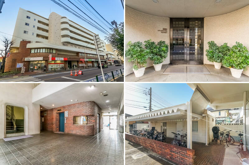 <b>左上・</b>井の頭通り沿いに建つ、1976年竣工・総戸数40戸のマンション。レンガタイルや丸を帯びた外観がかわいらしい印象です。1・2階には塾やクリニックなどのテナントが入居しています。／<b>右上・</b>半円のエントランスポーチとグリーンが人々をお出迎え。／<b>左下・</b>ロビーに入ると正面に管理室が見えます。管理人さんは住み込み勤務で安心感がありますね。向かって右側にはポストがあります。／<b>右下・</b>ポスト奥のサブエントランスを抜けると自転車置き場とゴミ置き場があり、その横に駐車場があります。自転車置き場は2026年1月現在空きありとのこと！ うれしいですね。
