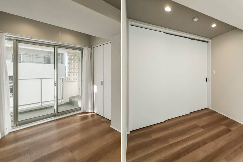 ダイニングエリアの横にある洋室B。間仕切りは3枚引き戸で可変性のある間取りです。北西側のバルコニーに面していますが、お向かいのマンションがやや気になるカモ。