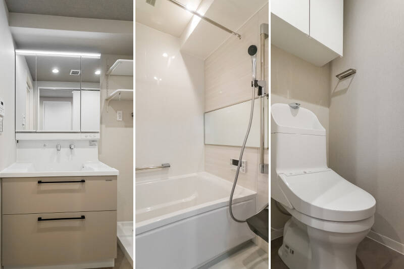 <b>左・</b>洗面化粧台はお掃除のしやすいシンク一体型タイプ。黒い取っ手がアクセントでかわいいですね。／<b>中央・</b>浴室乾燥機、追い焚き付きのバスルームです。／<b>右・</b>トイレには吊り戸棚が付いています。