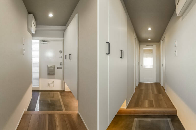 玄関扉の横にはすりガラスが入っており、柔らかく光が入り玄関が明るい印象です。