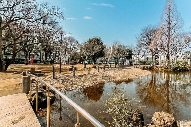 1万㎡弱の園内はスポーツコーナー、複合遊具、流れや池があり、約700㎡のドッグラン「犬の広場」まで併設しています。これはお子さまもワンちゃんも大よろこびですね。