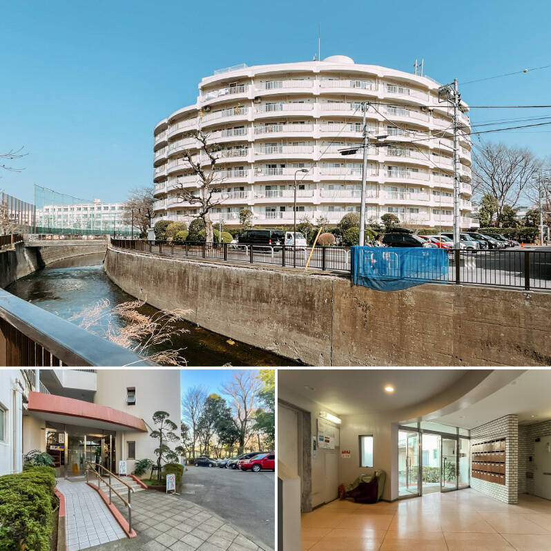 目の前に「妙正寺川」、後ろに「落合公園」を背負った自然豊かな環境に建つマンション。正確には円形ではなく扇型をしています。エントランスも共用ロビーも形に沿うように弧を描き、なんとも言えないチャーミングさにときめきます。2026年1月14日現在、<b>月額14,000円で利用できる平置きの駐車場に1台空き</b>がありますよ!