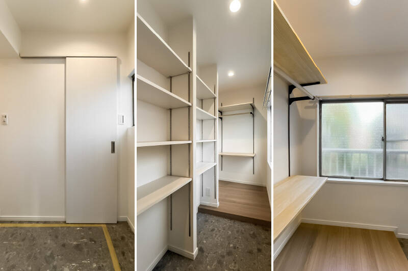 玄関ドアを開けると側面に窓。さらに正面の引き戸を開けると大きな窓が付いたシューズインクローゼット(SIC)が出現しました! 後ほどご紹介する洋室Bへと通り抜けが可能です。