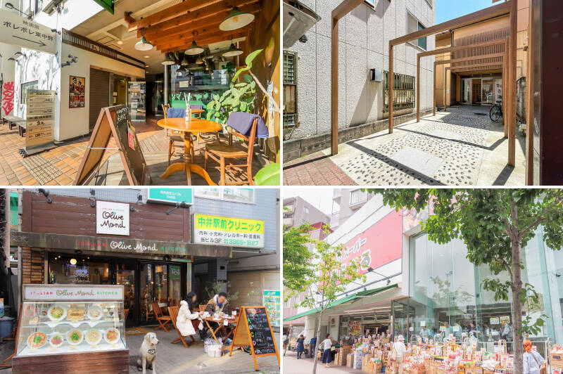 <b>左上</b>・南へ15分歩けばJR総武線、都営大江戸線が乗り入れる「東中野」駅に到着。「ポレポレ東中野」はコアなファンを獲得しているミニシアター。カフェも併設しているので休日にふらっとどうぞ。(徒歩18分)/<b>右上・</b>南東側には東西線の「落合」駅(徒歩12分)。広いお風呂に入りたくなったら2021年にリニューアルした、サウナー御用達の「松本湯」へ。日曜日は朝風呂も楽しめます。(徒歩17分)/<b>左下・</b>最寄りは大江戸線と西武新宿線が乗り入れる「中井」駅(徒歩10分)。駅近くの「Olive Mond(オリーブモンド)」にはテラス席があり、以前通りがかった際はワンちゃん連れの方がいらっしゃいました。(徒歩10分)/<b>右下・</b>マンションから徒歩5分のところに「ミニコープ 落合店」もありますが、大きいスーパーなら「みらべる 中井店」がオススメ。(徒歩9分)