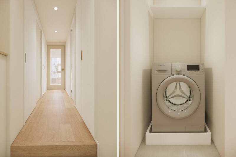 <b>左・</b>玄関を背に廊下を見たカット。／<b>右・</b>洗濯機置き場は開き戸の中で、LDKの扉の手前にあります。