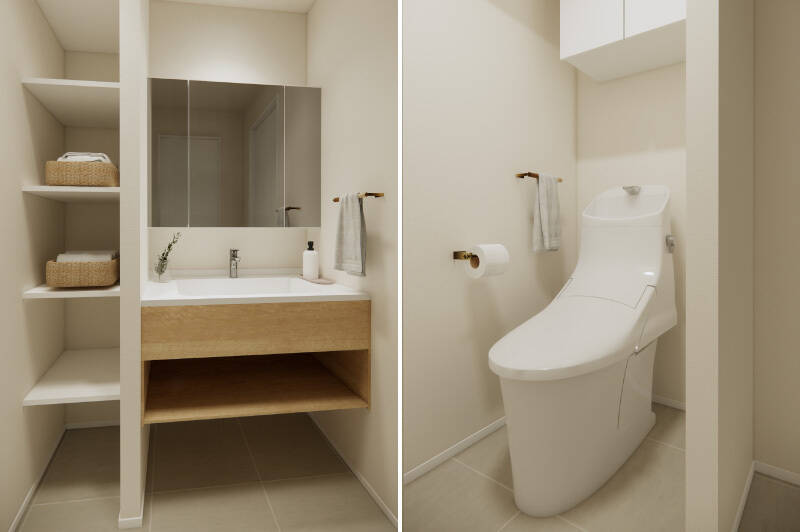 <b>左・</b>洗面台は、白と木調のすっきりとしたデザイン。横にある棚の使い勝手がよさそうですね。／<b>右・</b>トイレは、洗面室からアクセス。吊り戸棚が備わっています。