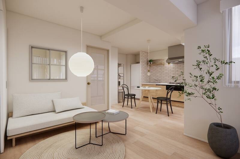 まずは約12.7帖のLDKからご紹介。白をベースにした透明感のある内装です。シンプルな分、インテリアで個性を出せるのがいいですね。