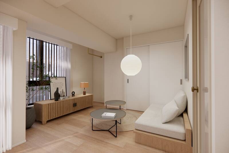 こちらがリビングスペース。奥に見える引き戸の先に収納を用意するため、室内が雑多にならず生活感を抑えられます。