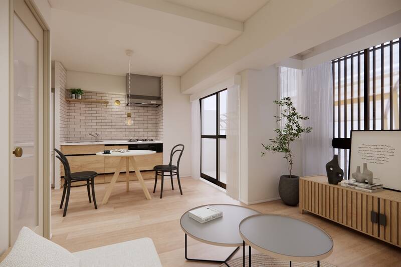 改めて、LDKの全景を。窓は南西向きに開口しています。