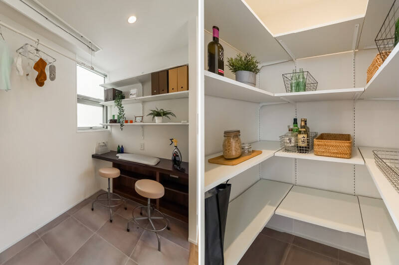 電源完備のデスクカウンターと、電動昇降式の室内干しユニット、さらに奥行きたっぷりのパントリーを備えた家事ルーム。足元はフロアタイルで仕上げて空間をうまくゾーニングしています。