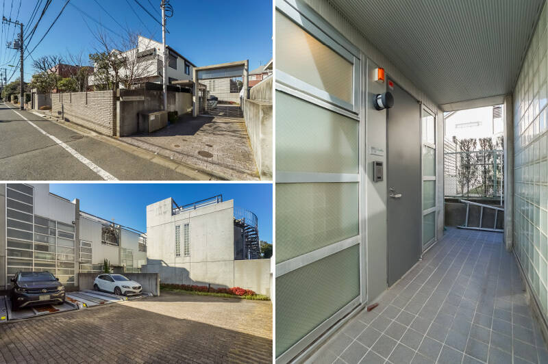 <b>左上・</b>エントランスにはオートロック・宅配ボックスを完備。／<b>左下・</b>敷地内には機械式の駐車場があり、各住戸1区画が割り当てられています。なんと無償で利用可能です！／<b>右・</b>ご紹介の住戸は、敷地の奥の方に位置しています。大きな庇があるので雨の日も安心です◎