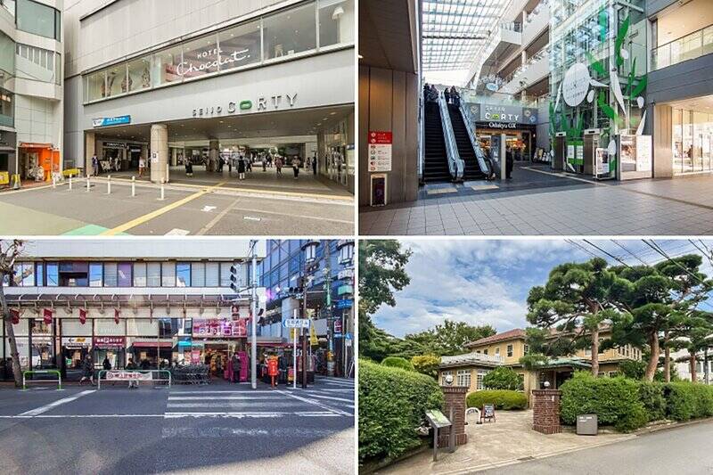 <b>左上・</b>最寄りの小田急線「成城学園前」は急行停車駅で、<b>通勤急行であれば新宿まで3駅・約15分</b>。東京メトロ千代田線直結の電車に乗れば、乗り換えなしで表参道まで約19分でアクセスできる好立地です。（徒歩4分）／<b>右上・</b>駅直結の「成城コルティ」には、スーパー・書店・薬局など暮らしに便利なお店が揃っています。（徒歩5分）／<b>左下・</b>グレード高めのスーパーといえば、全国に展開する「成城石井 成城店」。店名にもある通り、こちらが旗艦店です！（徒歩7分）／<b>右下・</b>エリアの品のよさを象徴するスポットが、成城みつ池緑地にある「旧山田家住宅」（徒歩7分）。昭和12年頃に建てられた区指定有形文化財です。1階にはカフェコーナーもあるんですよ。