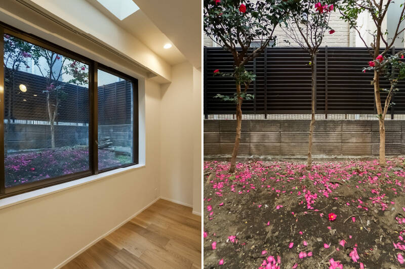 <p><b>左・</b>窓のそばに天窓があるので、そちらからも自然光がほのかに差し込みます。／<b>右・</b>住戸は1階所在。隣接する建物とはフェンスで仕切られているため、視線は気にならなさそうです。</p>