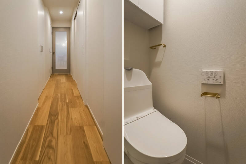 水まわりと洋室は廊下からアクセスします。洗濯機置き場は廊下に設けられており、生活感が出にくい両開き戸の中に収まっています。