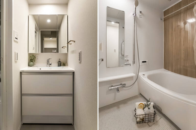 コンパクトな洗面室と洗面台。1216サイズのユニットバスは、浴室乾燥機付きです。