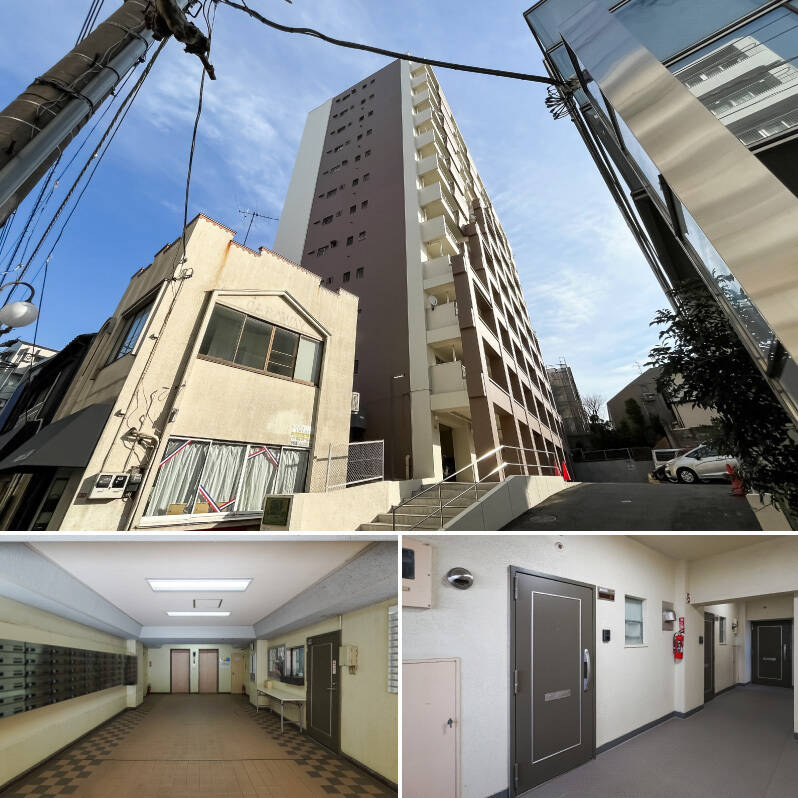 駅から「にしおぎ北銀座街」を歩いていくと、目的のマンションが。1970年築ですが、2023年実施の耐震工事により<b>新耐震基準に適合</b>しました。