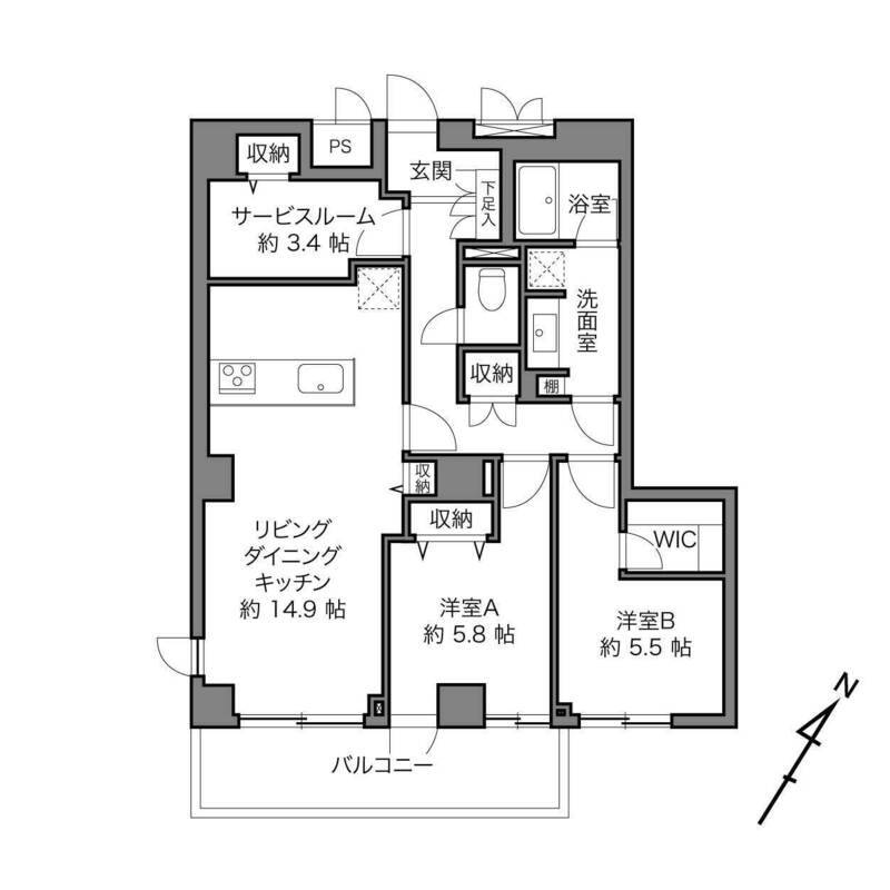 専有面積約75㎡を2SLDKにした間取り。しっかりと広さを割り振ったふたつの洋室のほかにも、ライフスタイルにあわせて自由度高く使えるサービスルームを設けます。