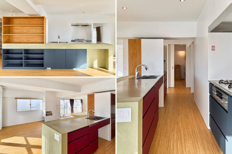 <p><b>左上・</b>アイランド型のII型のキッチン。リビング側には、オープン収納と扉付きの収納が備わっています。お気に入りの食器をディスプレイしたい！／<b>左下・</b>シンク下には食洗機を備え、ゴミ箱がスッキリ収まりそうなスペースも確保されています◎／<b>右・</b>キッチンの奥は、パントリーと冷蔵庫スペースです。</p>