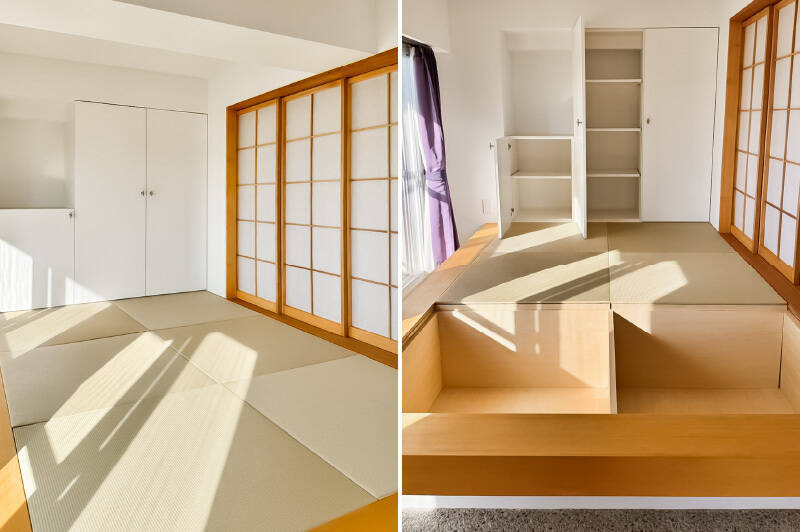 <b>左・</b>右手の障子を開けると、洋室へと繋がっています。／<b>右・</b>畳の下には大容量の収納が！ 壁際にも開戸タイプの収納が備わっています。