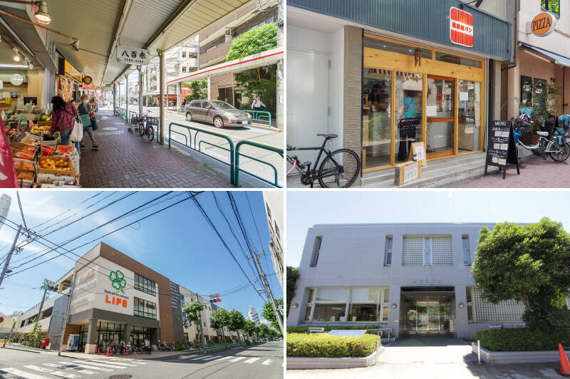 <b>左上・</b>駅からは「北銀座通り（西荻北銀座商友会）」を通ります。八百屋さんやリサイクルショップ、お肉屋さんなどがあり、歩いているだけで懐かしさを味わえてキュン！（徒歩2分）／<b>右上・</b>そんな通り沿いにある「進藤製パン」。ふわもち食パンが人気！ 朝ごはんのパンはここで決まり。（徒歩5分）／<b>左下・</b>駅前まで行かずとも、徒歩2分の距離にスーパー「ライフ 西荻窪店」があるのはものすごく心強い。深夜24時まで営業しているので冷蔵庫代わりに使い倒しましょう！／<b>右下・</b>善福寺川沿いを歩いて「西荻図書館」まで行くのも日常になりそう。（徒歩7分）