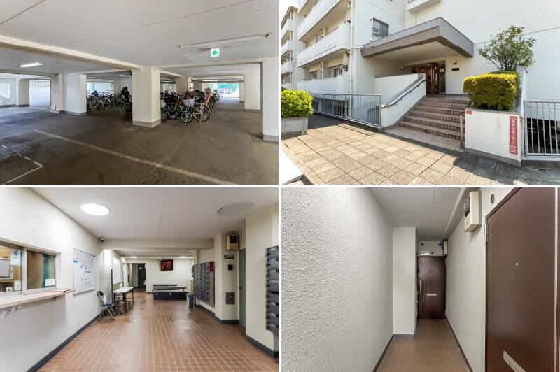 <b>左上・</b>1階部分はいわゆるピロティ構造で、自転車置き場と駐車場になっています。／<b>右上・</b>改めてこちらがメインエントランス。階段を回避したい方は1階からエレベーターに乗る手もありますよ。／<b>左下・</b>応接ソファが置かれた共用ロビー。管理人さんは住み込みで週6日勤務。これは心強い！／<b>右下・</b>ロビーからそのまま住戸の玄関まで行けますよ。