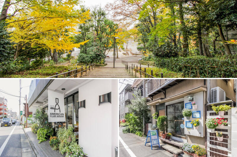 <b>上・</b>ご近所には緑豊かな「中根公園」。（徒歩5分）／<b>左下・</b>スペアリブとアップルパイが名物のレストラン「AMERICAN CLUB HOUSE（アメリカン クラブ ハウス）都立大学店」。（徒歩4分）／<b>右下・</b>物件から徒歩1分の「手作りちーずけーきせんもん店 やまぐち」。手作りのチーズケーキをテイクアウトできます♪