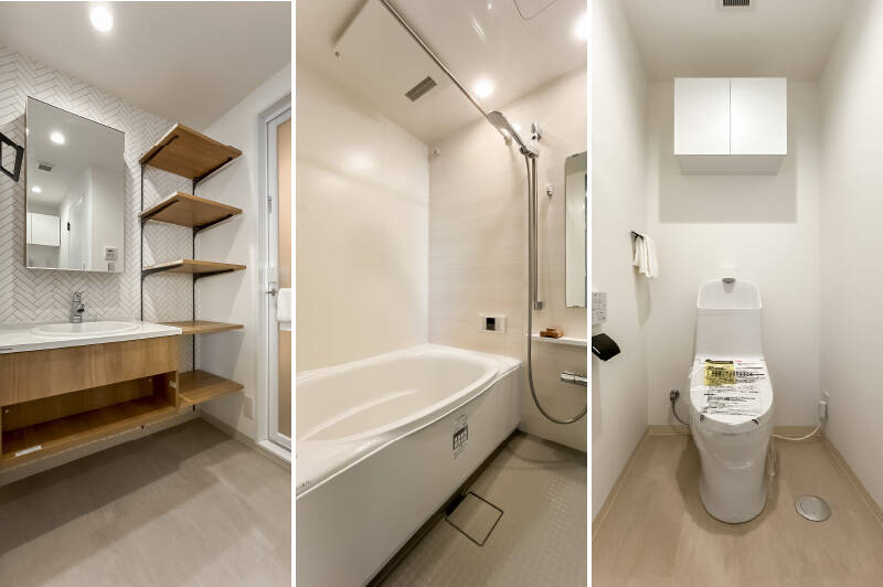 水まわりはこんな感じ。洗面台は木調で、シンプルながらかわいらしい印象です。浴室には追焚き機能・浴室乾燥機付きです。