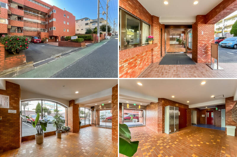 <b>左上・</b>広い敷地に優雅に構えるマンション。入り口付近には駐車場と駐輪場があります。／<b>右上・</b>エントランスの脇には管理人室の窓口が。／<b>左下・</b>大きな窓から光が差し込む明るいロビー。／<b>右下・</b>宅配ボックスが備わっています。