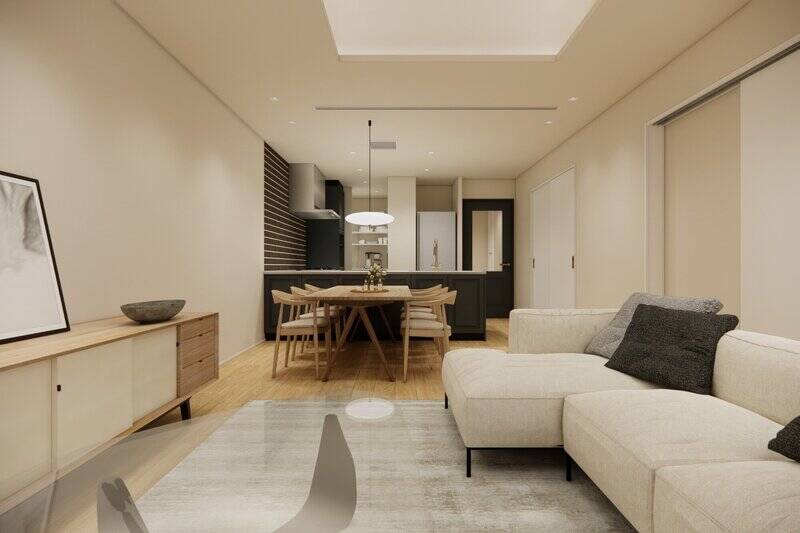 ナチュラルな内装の中で、キッチンの “黒” が印象を引き締めるアクセントになっています。