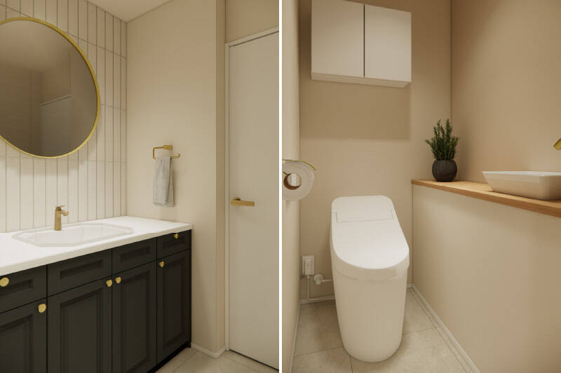 <b>左・</b>洗面室は、縦長のタイルと丸いミラーを組み合わせたデザイン。金具には真鍮を採用します。／<b>右・</b>トイレは廊下からアクセスする間取り。タンクレスタイプで、独立の手洗いカウンターを設けます。