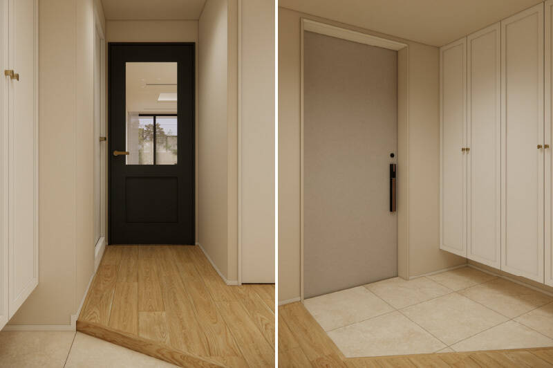 <p><b>左・</b>上り框が斜めに切り取られたデザインが印象的な玄関。右手にはクローゼットタイプの収納が備わっています。／<b>右・</b>シューズボックはトールタイプ。</p>