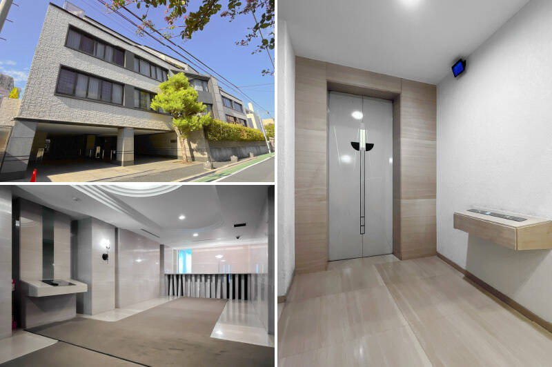 1990年に竣工した新耐震基準適合の建物で、三角に張り出した窓が特徴的な外観。エントランスはオートロック付きです。